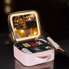 Дорожная косметичка-чемодан с LED зеркалом pink