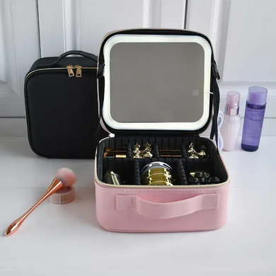 Дорожня косметичка-валіза із LED зеркалом pink