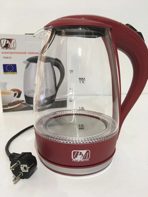 Чайник електричний 1.7 л скляний електрочайник з LED підсвіткою, 2200W, Червоний