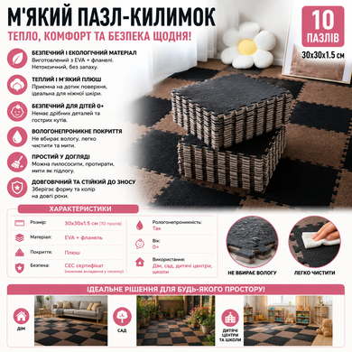 Килимок-пазл з плюшевим покриттям 10 пазлів 30х30х1.5 см