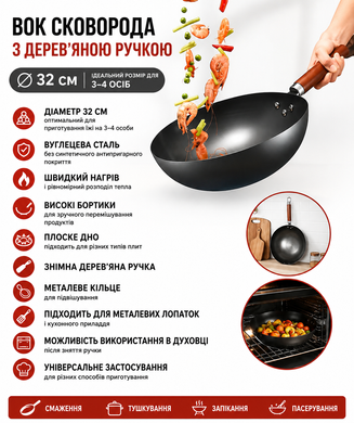 Сковорода с деревянной ручкой / Сковорода WOK 32 см / Домашняя Азотированная вок-сковорода с круглым дном