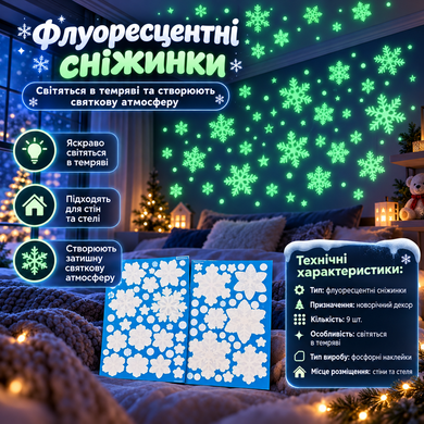 Светящиеся в темноте флуоресцентные снежинки, набор 9 шт., фосфорные наклейки на стену и потолок, новогодний декор KAR297