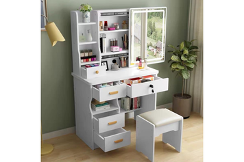 Стол (STL-MD 87) (макияжный с прямоуг. LED зерк. и пуфиком) (Белый)