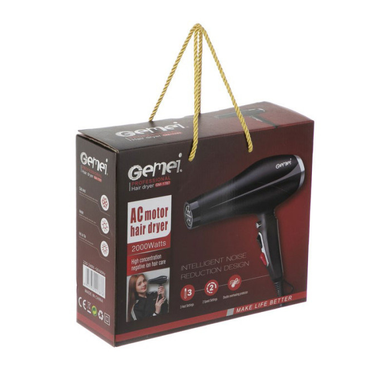 Фен Gemei Gm-1787 для сушки и укладки волос с концентратором и функцией холодного воздуха, 2000 Вт. Черный
