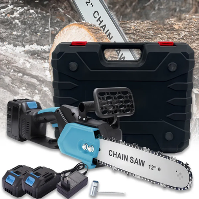 Пила цепная аккумуляторная Chain Saw 12-дюймовая, для обрезки деревьев с 2 акб в комплекте (голубая)