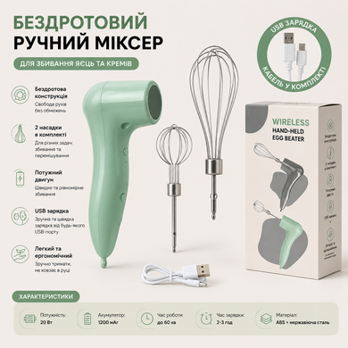 Міксер електричний ручний на USB / Кухонний бездротовий міксер на акумуляторі / Шейкер 3,7 Вт