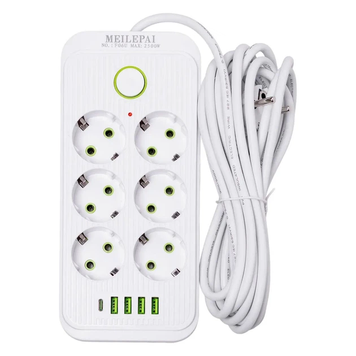 Мережевий подовжувач/фільтр/резвітлювач (D10) (5м, LED, 10-220V, 4-USB, 1-PD (Type-C)