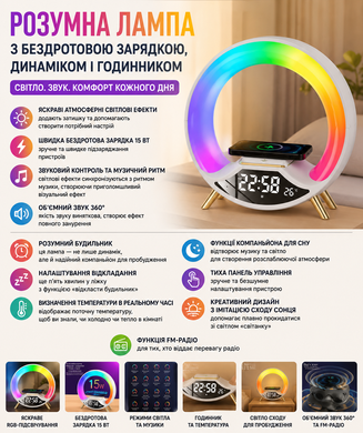 Настільна світлодіодна лампа G-подібної форми з бездротовим зарядним пристроєм для цифрового годинника Диммована сенсорна лампа Bluetooth для музичног