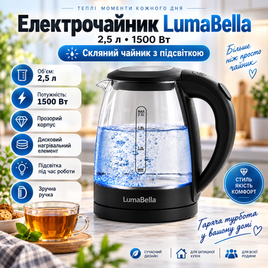 Электрочайник 2,5л, 1500Вт, LumaBella LB-59033, Прозрачный / Дисковый электрический чайник / Стеклянный чайник с подсветкой