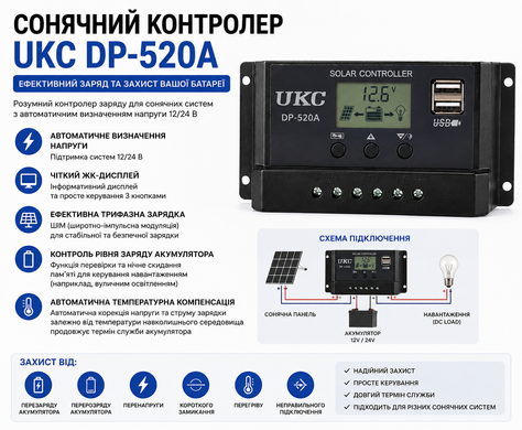 Контроллер заряда для солнечной батареи DP-520A 20A