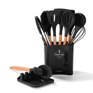 Силиконовый кухонный набор аксессуаров Kitchen Set 13 предметов (дерево+силикон) черный