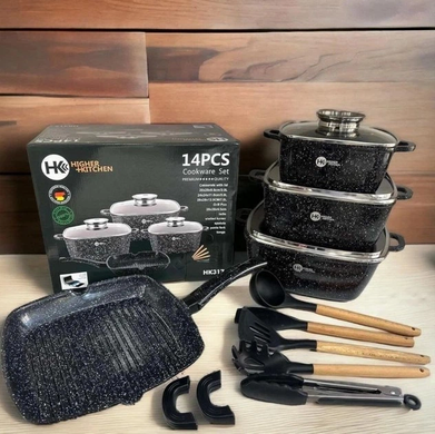 Набір посуду Higher Kitchen НК-317 квадратні каструлі та сковорідки 14 предметів Чорний